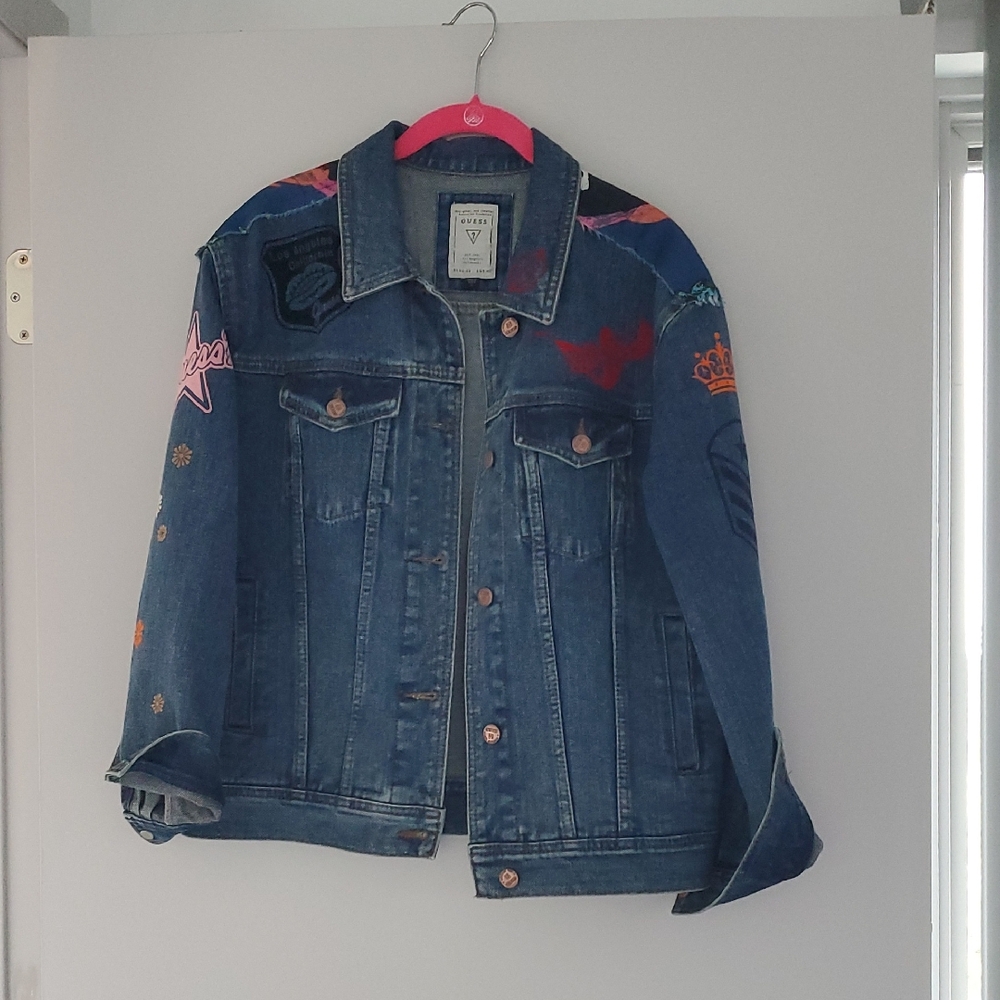 Guess Blue Denim Jacket with Colorful Embroidery